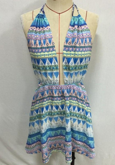Casual Multicolor Floral Print Backless Tie Back Mini Dress
