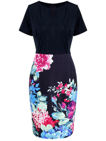 Casual Round Neck Floral Printed Short Sleeve Bodycon Dress
