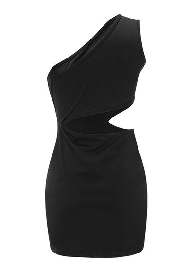 Black Cut Out Asymmetric Shoulder Plus Size Irregular Bodycon Clubwear Mini Dress