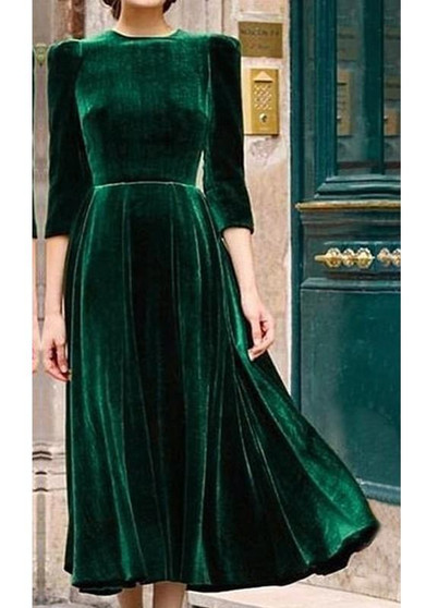 Green Draped Round Neck 3/4 Sleeve Vintage Pleuche Maxi Dress