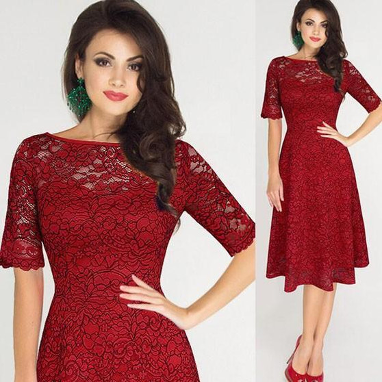 Red Patchwork Lace Zipper Round Neck Sweet Midi Dress