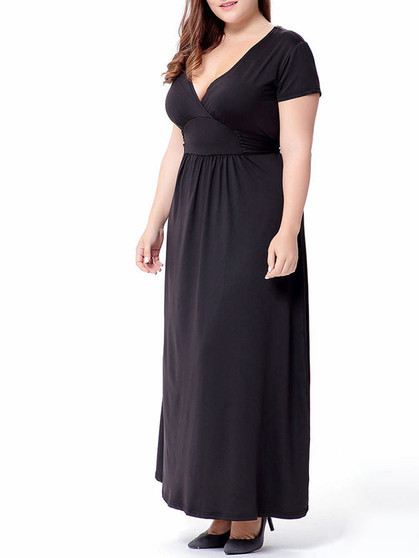 Casual Deep V-Neck Plain Plus Size Maxi Dress