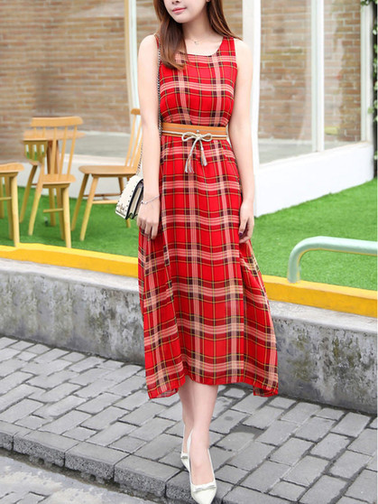 Casual Round Neck Plaid Chiffon Swing Maxi Dress