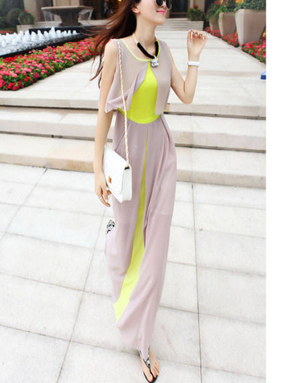 Casual Flowy Color Block Chiffon Round Neck Maxi Dress