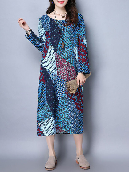 Casual Round Neck Loose Pocket Printed Maxi Dress