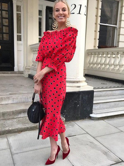 Polka-dot Off Shoulder Puff Sleeves Maxi Dress