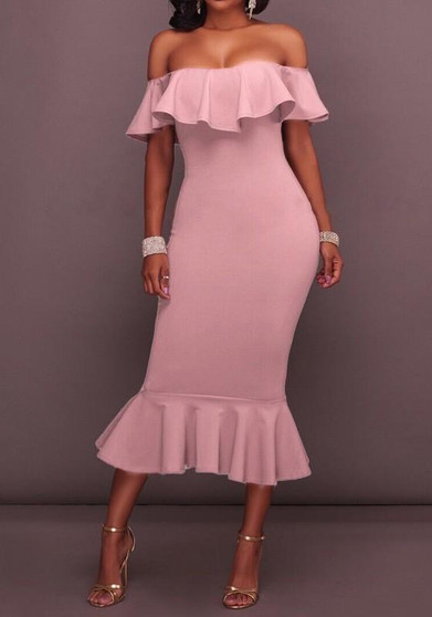 Pink Ruffle Off Draped shoulder Boat Neck Mermaid Short Sleeve Midi Dress