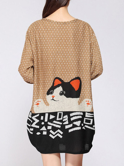 Casual Round Neck Polka Dot Cat Printed Plus Size T-Shirt