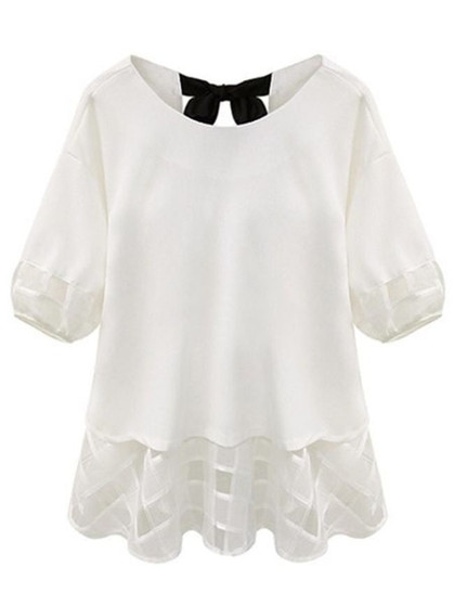 Casual Lovely Round Neck Bowknot Patchwork Plus Size Shirt