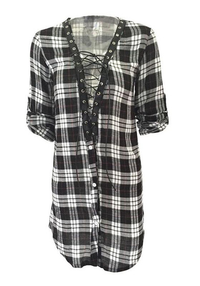 Casual Black Plaid Drawstring Plunging Neckline Polyester Mini Dress