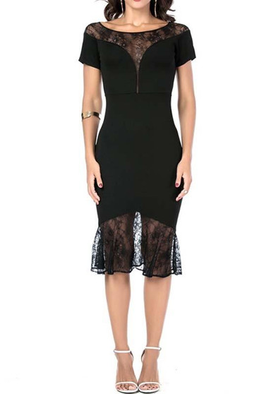 Black Patchwork Lace Ruffle Round Neck Short Sleeve Midi Dress