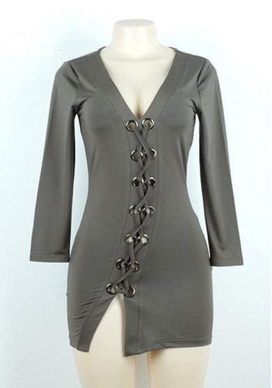 Casual Olive Lace-up Drawstring Side Slit Plunging Neckline Mini Dress