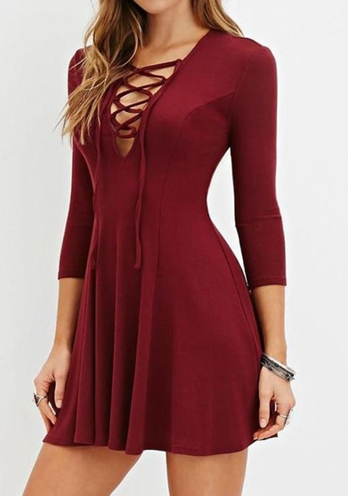 Casual Burgundy Plain Hollow-out Draped Lace-Up 3/4 Sleeve Mini Dress