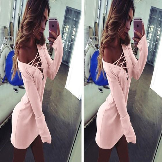 Casual Pink Plain Drawstring Lace-Up V-neck Mini Dress