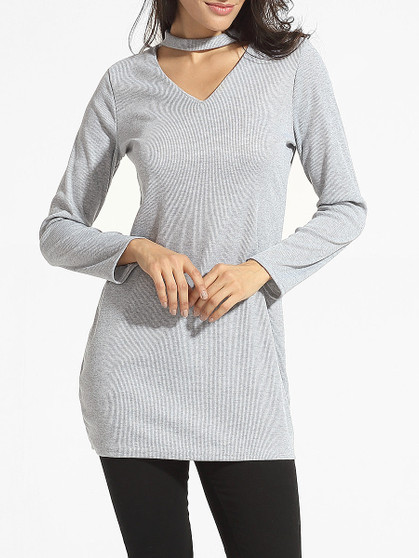 Casual Band Collar Cutout Plain Long-sleeve-t-shirt