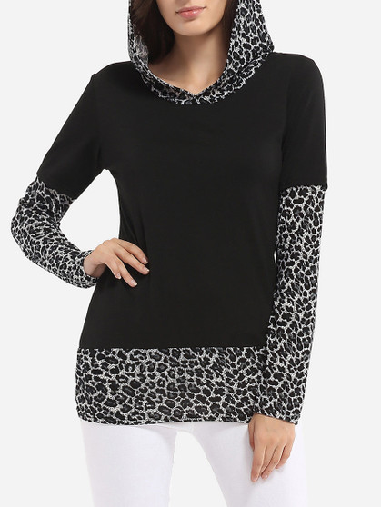 Casual Hooded Dacron Leopard Printed Patchwork Long-sleeve-t-shirt