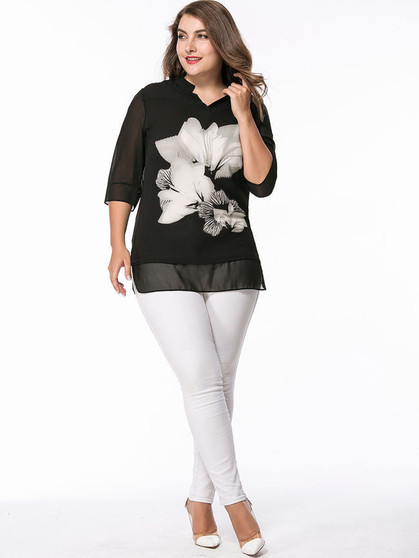 Casual V-Neck Floral Hollow Out Chiffon Plus Size Blouse