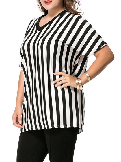 Casual V-Neck Vertical Striped Plus Size T-Shirt