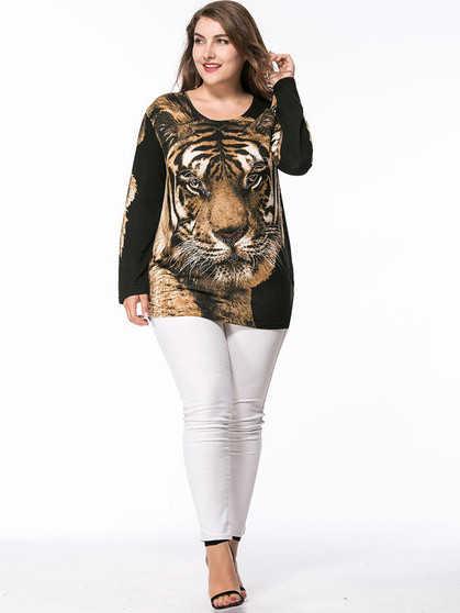 Casual Round Neck Tiger Printed Rhinestone Plus Size T-Shirt