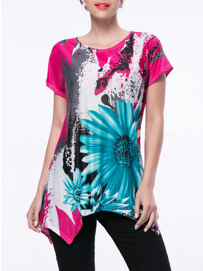 Casual Floral Printed Short Sleeve T-Shirt With Asymmetric Hem