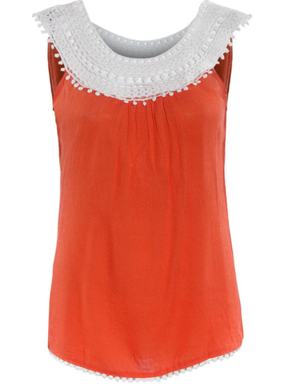 Casual Decorative Lace Color Block Sleeveless T-Shirt