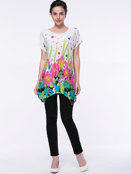 Casual Asymmetric Hem Short Sleeve T-Shirt In Floral Printed