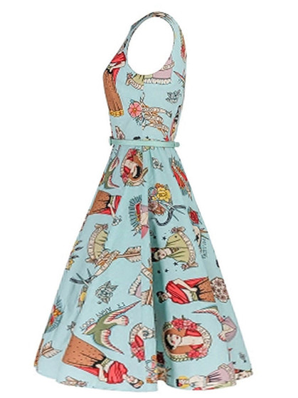 Casual Dramatic Boat Neck Belt Cartoon Printed Skater Dress