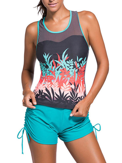 Casual Contrast Trim Racerback Printed Swim Top