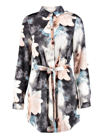 Casual Turn Down Collar Floral Long Blouse