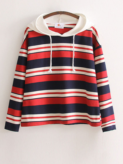 Casual Loose Simple Striped Drawstring Hoodie