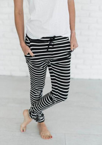 Black Striped Drawstring Waist Casual Long Pants