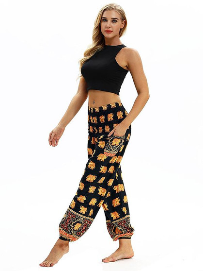 Floral Printed Elastic Waist Wide Leg Casual Pants