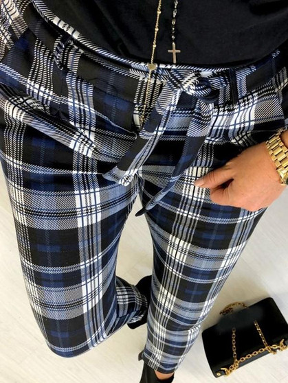 New Blue Plaid Sashes High Waisted Casual Long Pants