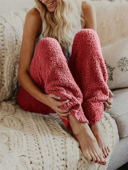 Red High Waisted Faux Fur Oversize Loose Casual Pants