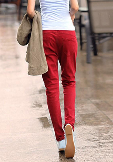 Red Pockets Drawstring Waist Mid-rise Casual Long Pants