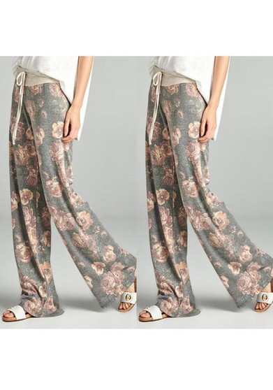 Grey-Pink Flowers Plus Size Drawstring Waist Mid-rise Casual Pants