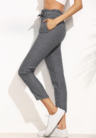 Grey Striped Sashes Pockets Casual Nine's Pants