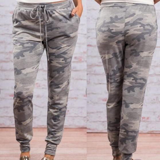 Grey Camouflage Drawstring Elastic Waist Casual Long Pants