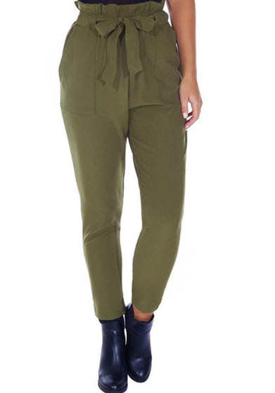 Green Pockets Ruffle Drawstring Waist Casual Nine's Pants