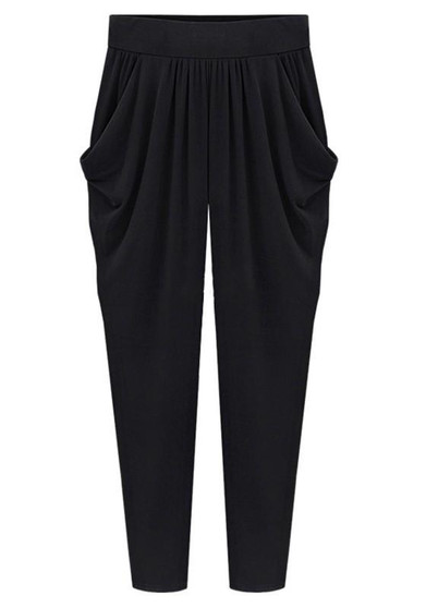 Black Ruffle Pockets Elastic Waist Casual Long Pants