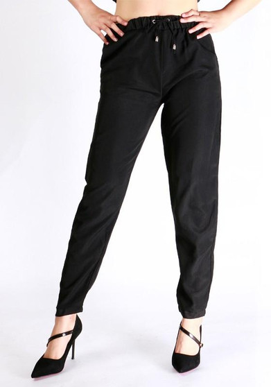 Black Plain Pockets Drawstring Elastic Waist Casual Long Pants