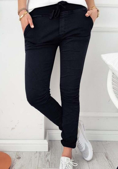 Black Plain Drawstring Pockets Mid-rise Casual Pants