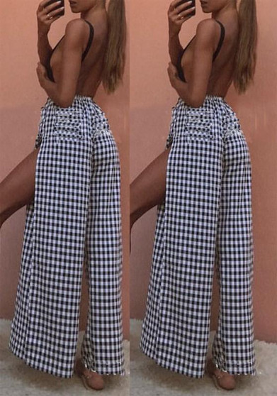 Black Plaid Drawstring Side Slit Flowy Sweet Casual Wide Leg Long Pants