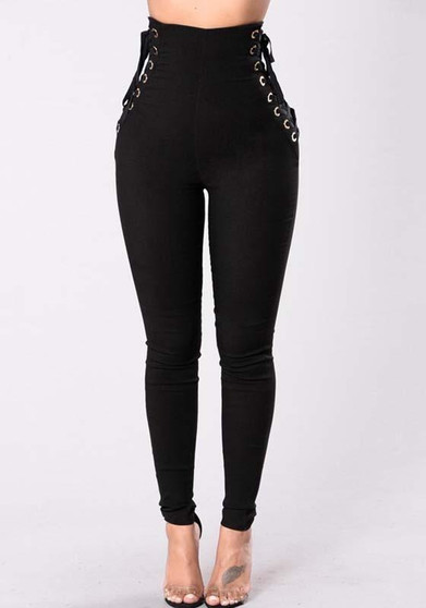 Black Drawstring High Waisted Zipper Long Casual Pants