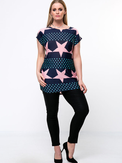 Casual Round Neck Printed Star Plus Size T-Shirt
