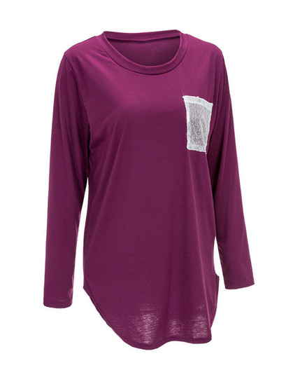 Casual Glitter Patch Pocket Round Neck Plus Size T-Shirt