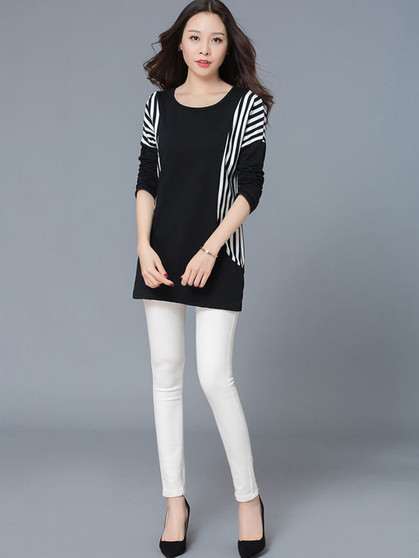 Casual Round Neck Simple Striped Plus Size T-Shirt