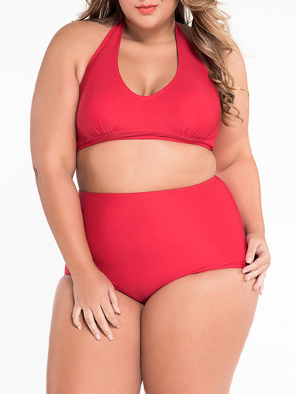 Casual Simple Halter Plain Plus Size Swimwear