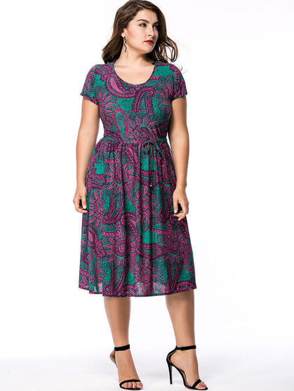 Casual Round Neck Plus Size Flared Dress In Paisley Printed