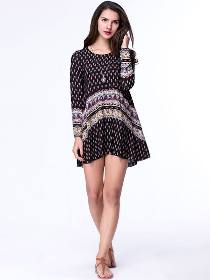 Casual Tribal Printed Round Neck Casual Plus Size Shift Dress